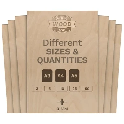 Image of WoodLab 50 x A5 Birch Plywood Panels 3 mm (±0.5 mm) 21 14.8 cm Raw Wood for Crafts, Pyrography, Hollow, CNC Laser, Decorating, Decoupage, Engraving (50)