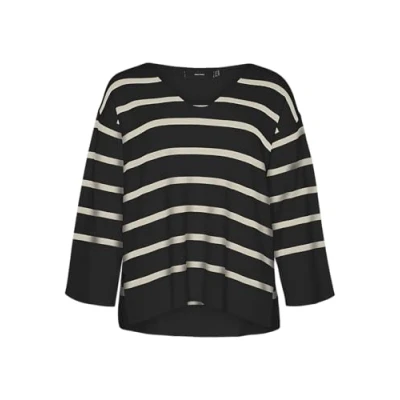 Image of VERO MODA CURVE Women&#039;s VMCSABA LS V Neck Pullover GA NOOS CUR Sweater, Black/Stripes:Birch, 22 24 Plus