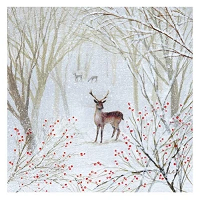Image of Luxury Christmas Cards (MG 349183 XPE) Deer In Midwinter Snowy Forest and Red Berries Pack of 8 From The Fayre Range