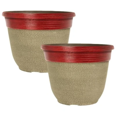 Image of Fyne Finds Set of 2 Round Plastic Glitz Red Plant Pots 30cm 12inch Weatherproof Garden Outdoor 11L Crackle Patio Drainage Hole Planters