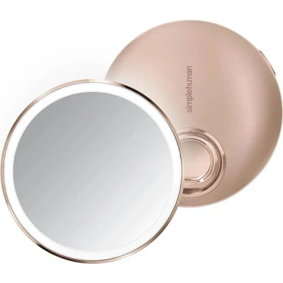 Image of simplehuman ST3040 10cm Sensor Mirror Compact, Light Up Makeup Magnifying Mirror, 3X Magnification, Tru Lux System, Ring Handle, 3 Brightness Settings, Rechargeable, Rose Gold Stainless Steel