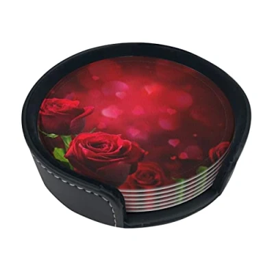 Image of Round Coasters, Red Rose Printed,Mugs Pad Cups Mat Set of 6 Leather Drinks Coasters with Holder