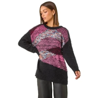 Image of Roman Originals Fluffy Yarn Jumper for Women UK Ladies Thick Sweater Warm Cosy Chunky Knitted Pullover Winter Furry Casual Smart Textured Everyday Cuddly Comfy Soft Knitwear Red Size 12