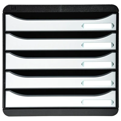 Image of Exacompta Ref 3097213D BIG BOX PLUS Desktop Drawer Set 5 x 43mm Drawers, Suitable for A4+ Documents, 347 278 271mm, 100% Recycled Plastic Black/Glossy White