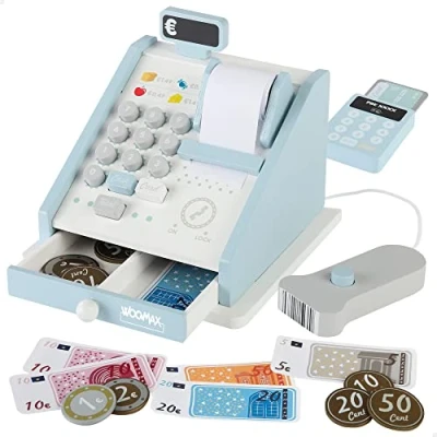 Image of WOOMAX 49332 Wooden Toy Cash Register, Dataphone and Money, +3 Years,