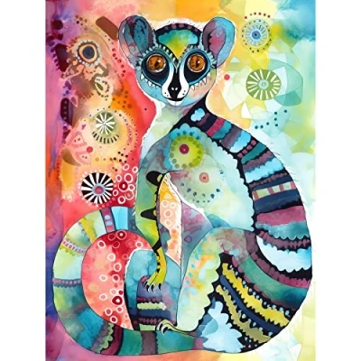 Image of Artery8 Striped Ring Tailed Lemur Multicoloured Folk Art Watercolour Painting Unframed Wall Print Poster Home Decor Premium