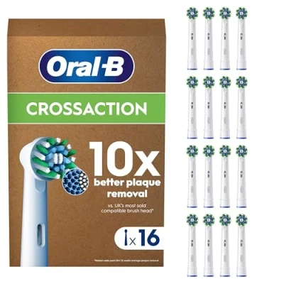 Image of Oral B Pro Cross Action Electric Toothbrush Head, X Shape and Angled Bristles for Deeper Plaque Removal, Pack of 16 Heads, Suitable Mailbox, White