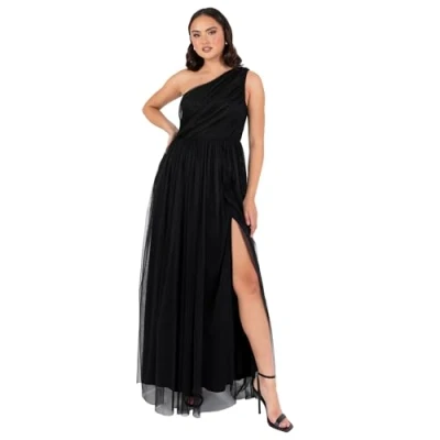 Image of Anaya with Love Womens Ladies Maxi One Cold Shoulder Dress Slit Split Sleeveless Prom Wedding Guest Bridesmaid Ball Evening Gown, Black 16