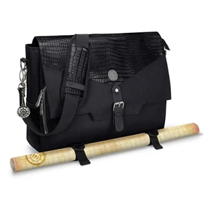Image of ENHANCE Collector&#039;s Edition RPG Player&#039;s Essentials DnD Bag Dragon Hide Exterior Messenger Fits 2 4 Books, Binders, Dice &amp; Accessories, with 17 inch Laptop Slot, Battlemap Straps (Dragon Black)