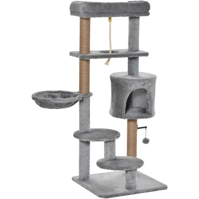Image of PawHut Cat Tree Tower for Indoor Cats 120cm Climbing Kitten Activity Center with Jute Scratching Post Perch Hanging Ball Hammock Teasing Rope Condo Toy Light Grey
