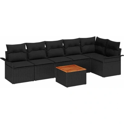 Image of vidaXL 7 Piece Garden Sofa Set with Cushions Black Poly Rattan Acacia