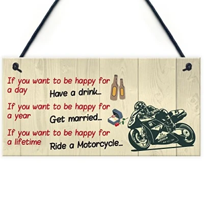 Image of RED OCEAN Happy Life Motorcycle Funny Motorbike Man Cave Hanging Plaque Garage Gift Sign