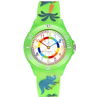 Image of Alienwork Kids Dino T Rex Children&#039;s Teacher Watch Boys Girls Green Silicone Strap Multi Coloured Kid Waterproof 5 ATM Learning Time
