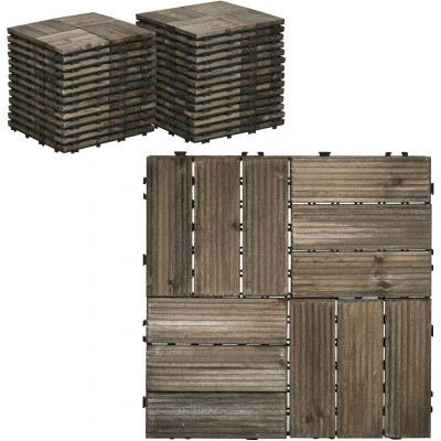 Image of Outsunny 27 Pcs Wooden Interlocking Decking Tiles, Outdoor Flooring Tiles for Patio, Balcony, Terrace, Hot Tub, 30 x cm per Piece, 2.5㎡ Pack, Charcoal Grey