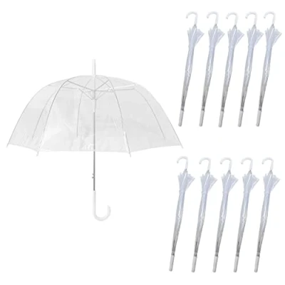 Image of 10 Pack Set Rain Umbrellas Dome Birdcage Transparent Wedding Brolly Clear Bubble White Handle And Spike Walking Ladies Mens Unisex Party Parasol Bridesmaid Bridal Fashion See Through PVC