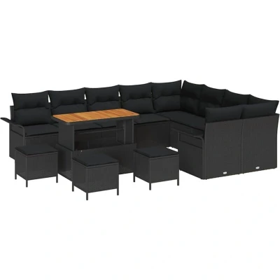 Image of vidaXL 13 Piece Garden Sofa Set with Cushions Black Poly Rattan Acacia