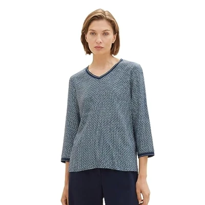 Image of TOM TAILOR Women&#039;s 1035850 Long Sleeved Shirt with Pattern, 32365 Navy Geometric Design, XS