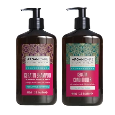 Image of ARGANICARE Keratin Shampoo + Conditioner Regenerates Hair Intensely Prevents and Treats Split Ends Soft, Silky, Shiny Made in France 2x400ML