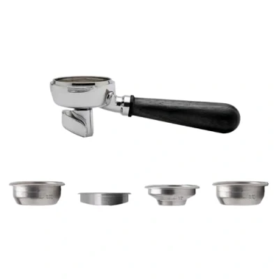 Image of LELIT LELIT58 2 Way Portafilter Double Spout Includes Stainless Steel Filters Wood Handle PLA582B Silver/Black Walnut
