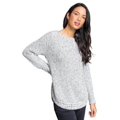 Image of Roman Originals Women Ribbed Jumper for UK Ladies Curved Hem Sweater Stitch Detail Pullover Chunky Knitwear Knit Winter Autumn Textured Oversized Soft Cosy Comfy Ivory Size 16