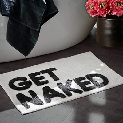 Image of Mooky Mats Get Naked Bath Mat Non Slip 50 x 80cm Tufted Slogan Bathroom Rug (White/Black)
