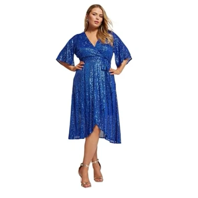 Image of Yours London Curve Sequin Wrap Dress Women&#039;s Plus Size Blue