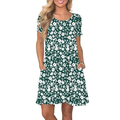 Image of AUSELILY Women&#039;s Summer Dresses Casual T Shirt Short Sleeve Dress Loose Swing with Pockets, Green Daisy XL