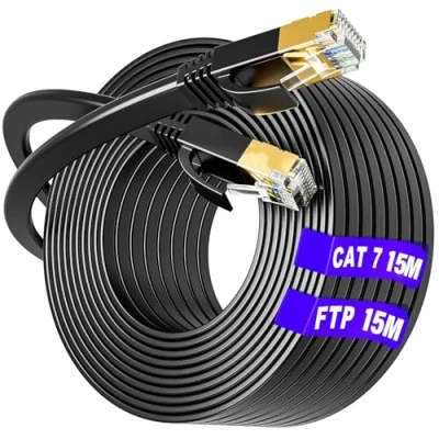 Image of Cat 7 Ethernet Cable 15m, Long Internet 15m High Speed Shielded Network Flat, S/FTP 10Gbps (15 Clips) Faster than Cat6/Cat5, Lan for Xbox/Switch/Router/Game/Modem