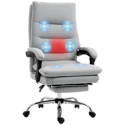 Image of Vinsetto 6 Point Massage Office Chair, Microfibre Desk Chair with Back Heating, Padded Seat, 135 Reclining and Footrest for Home Office, Grey