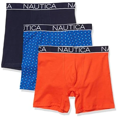 Image of Nautica Men&#039;s 3 Pack Classic Underwear Cotton Stretch Boxer Brief, Peacoat/Orange Poppy/Anchor Print Cobalt, Large (Pack of 3)