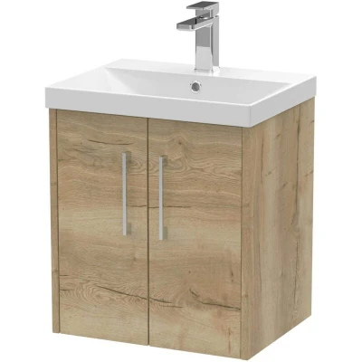 Image of Hudson Reed JNU1821D Juno Modern Bathroom Wall Hung 2 Door Vanity with Thin Edge Ceramic Basin, 500mm, Woodgrain Autumn Oak