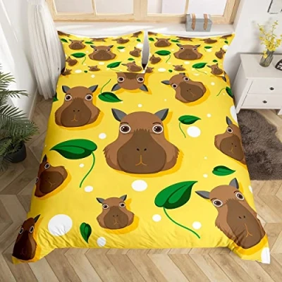 Image of Manfei Cute Capybara Duvet Cover Set Single Size, Cartoon Animals Comforter with 1 Pillowcase, South America Rodents Bedding 2pcs for Kids Boys Teens Room Decor Lightweight Bedspread