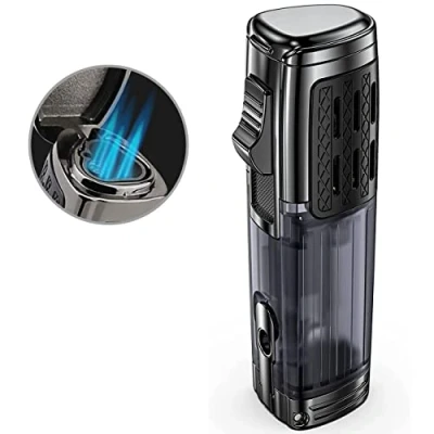Image of Jet Lighter, Gas Triple 3 Blue Flame Torch Lighters, Windproof Butane Refillable Cigar Fuel Level Window, Cool Pocket Lighter (Gas not Included)