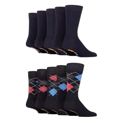 Image of Farah Mens Patterned Bamboo Socks Plain Classic Colourful Soft Breathable Cooling for Casual Wear or Suit 10 Pair Multipack Size 6 11 Navy Argyle