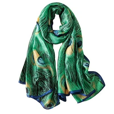 Image of FULLANT Imitation Silk Scarf Women Green Peacock Feather Print Long Shawl Large Pashmina Wraps Female Foulard 180x90cm