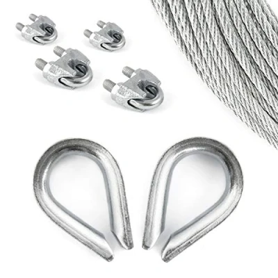 Image of Set 20m Steel Wire Rope galvanised 3mm Strand: 6x7 + 4 Clips 2 thimbles Many Sizes Avaliable