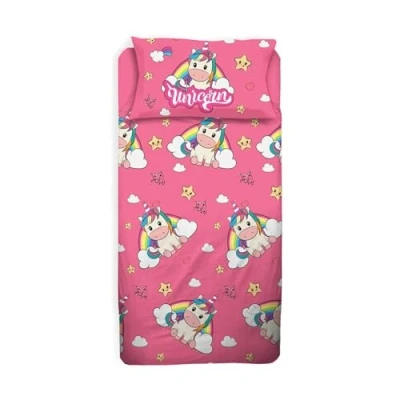 Image of Unicorn Single Bed Sheet for Girls, Complete Bed, Pink, Top Sheet, Fitted Pillowcase, 100 Percent Cotton, Sheets Bedroom