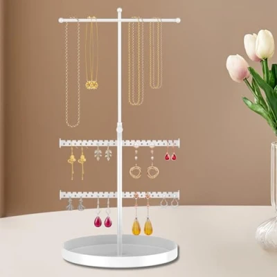Image of Jewellery Stand Organiser 3 Tier Adjustable Height Necklace Earring Holder Display with Round Tray, Bracelet Holder, Stand, for Hanging Ring Watches Storage