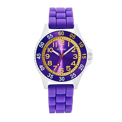 Image of s.Oliver wrist watch girls kids quartz analog, with silicone strap, purple, 3 bar water resistant, comes in watches gift box, 2033508