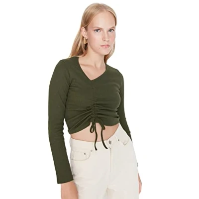 Image of Trendyol Women Regular fit Basic Crew Neck Knit Blouse Khaki