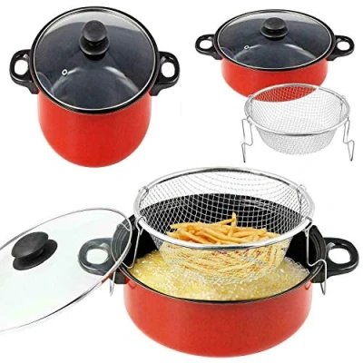 Image of 23CM Non Stick CHIP PAN Set Fryer DEEP Fat Frying Basket Pot with Glass LID