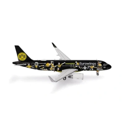 Image of Herpa airplane model Eurowings Airbus A320 &quot;BVB Fanairbus&quot; D AEWM on a scale of 1 : 400, metal miniature with pedastal, building, collectors edition