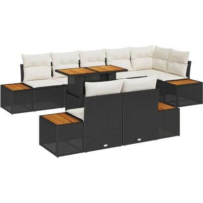 Image of vidaXL 9 Piece Garden Dining Set with Cushions Black Poly Rattan Acacia