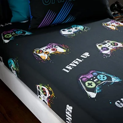 Image of Catherine Lansfield Kids Game Over Double Fitted Sheet Black