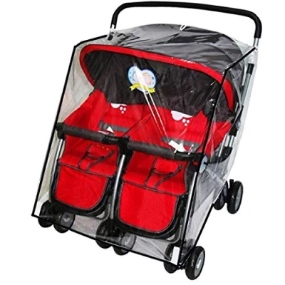 Image of Universal Twins Baby Stroller Rain Cover, Waterproof Windproof Dustproof Side by Tandem Double Pushchair Wind Cover Carriage Pram Raincover for Buggy Travel Outdoor