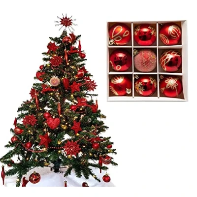 Image of 9pc Luxury Premium Baubles, Christmas Tree Bauble Decorations Matte, Glitter, shiny &amp; Frosted (6cm) (Red)