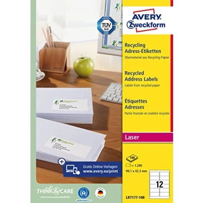 Image of AVERY Zweckform LR7177 100 Recycled Labels (1,200 Address Labels, 99.1 x 42.3 mm on A4, 100% Paper, Printable, Self Adhesive, for DIN Long Letter Envelopes), Sheets, Natural