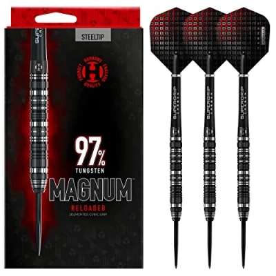 Image of Harrows Magnum Reloaded 97% Tungsten Steel Tip Darts Set 22g, 23g, 24g, &amp; 25g Includes Slim Parallel Barrel, Silver Supergrip Carbon Midi Shafts New 100 Micron Prime flights