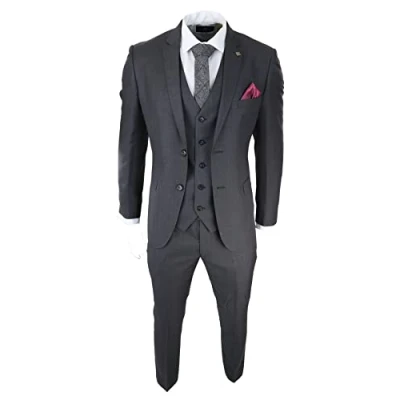 Image of Mens Dark Grey Charcoal 3 Piece Suit Classic Stitch Wedding Summer Prom 42