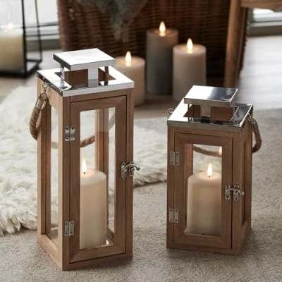 Image of Lights4fun Set of 2 Nautical Wooden Decorative Battery Operated TruGlow® LED Candle Lanterns with Rope Handle Indoor Outsoor Use